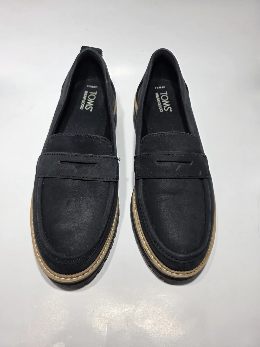 TOMS Darcy Black Nubuck Leather Lug Sole Penny Loafers Womens 8.5